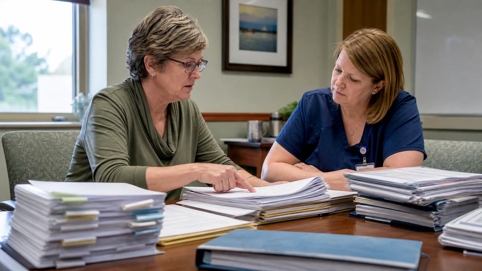 Two care professionals comparing pharmacy records at a table