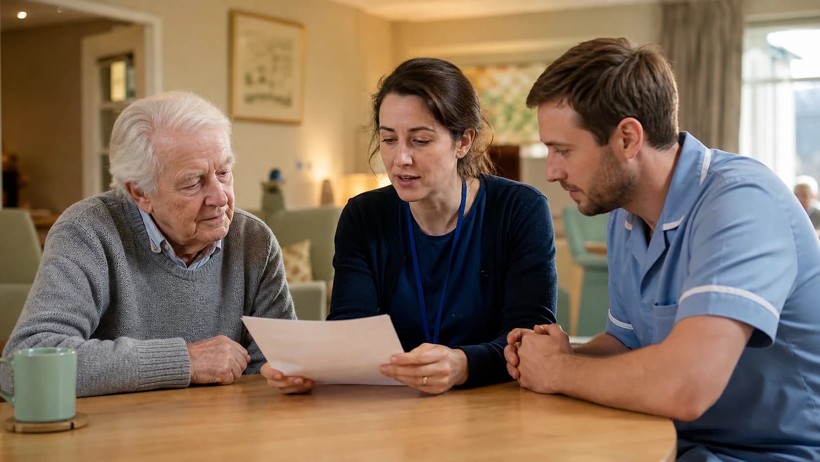 Older resident, pharmacist, and care nurse reviewing a paper care plan at a table