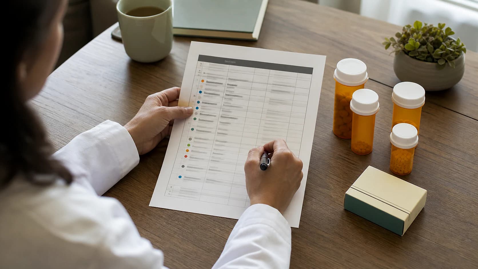 Pharmacist comparing a printed medication list with several medicine containers