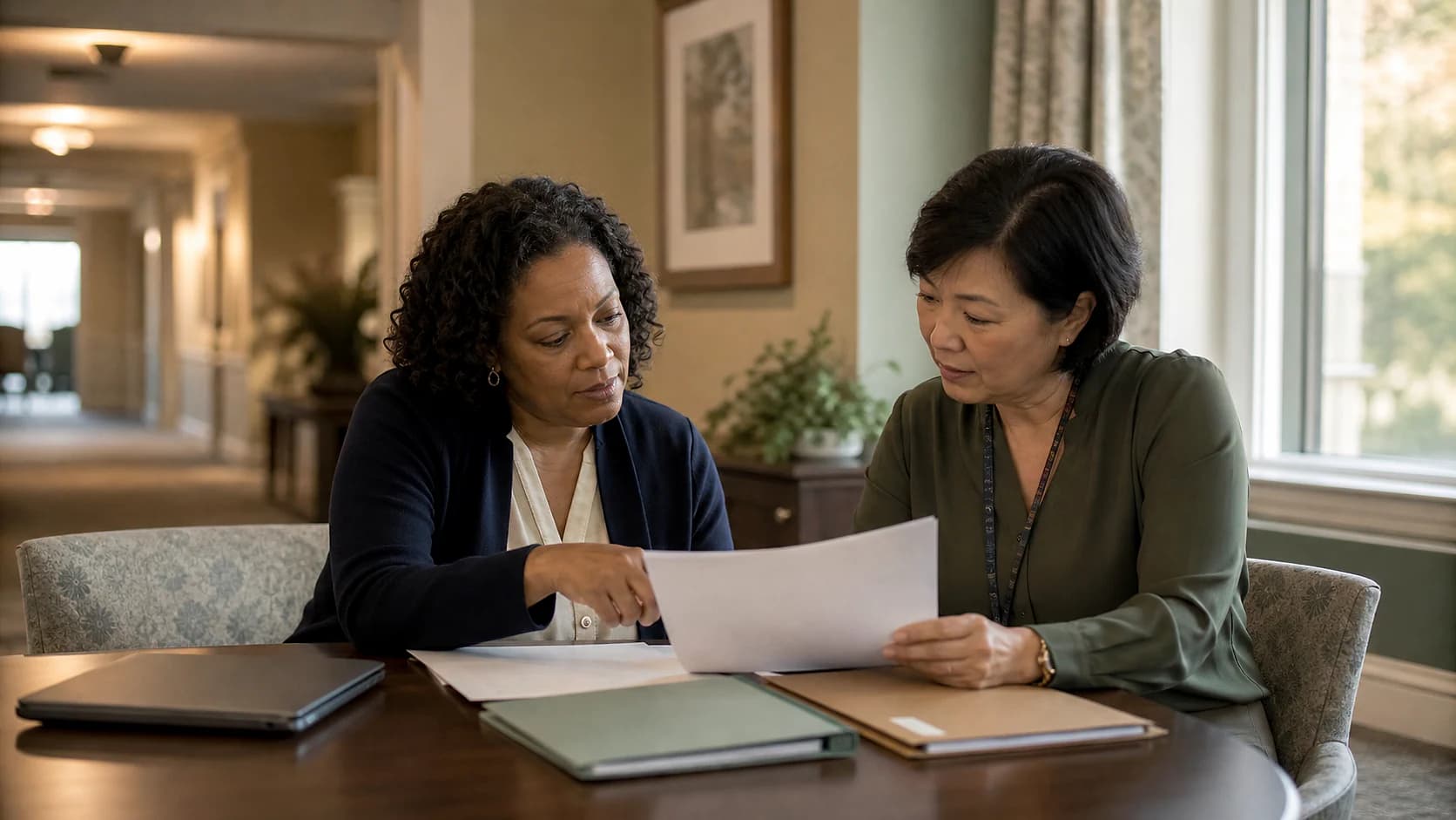 Consultant pharmacist and facility staff member reviewing a medication record together
