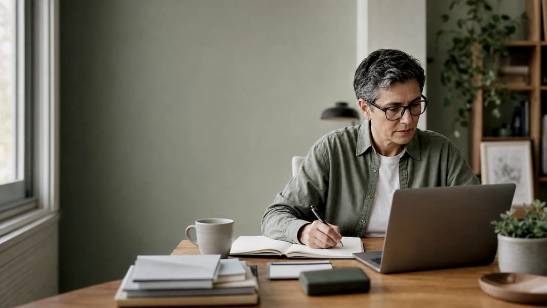Independent consultant pharmacist working at a home office desk
