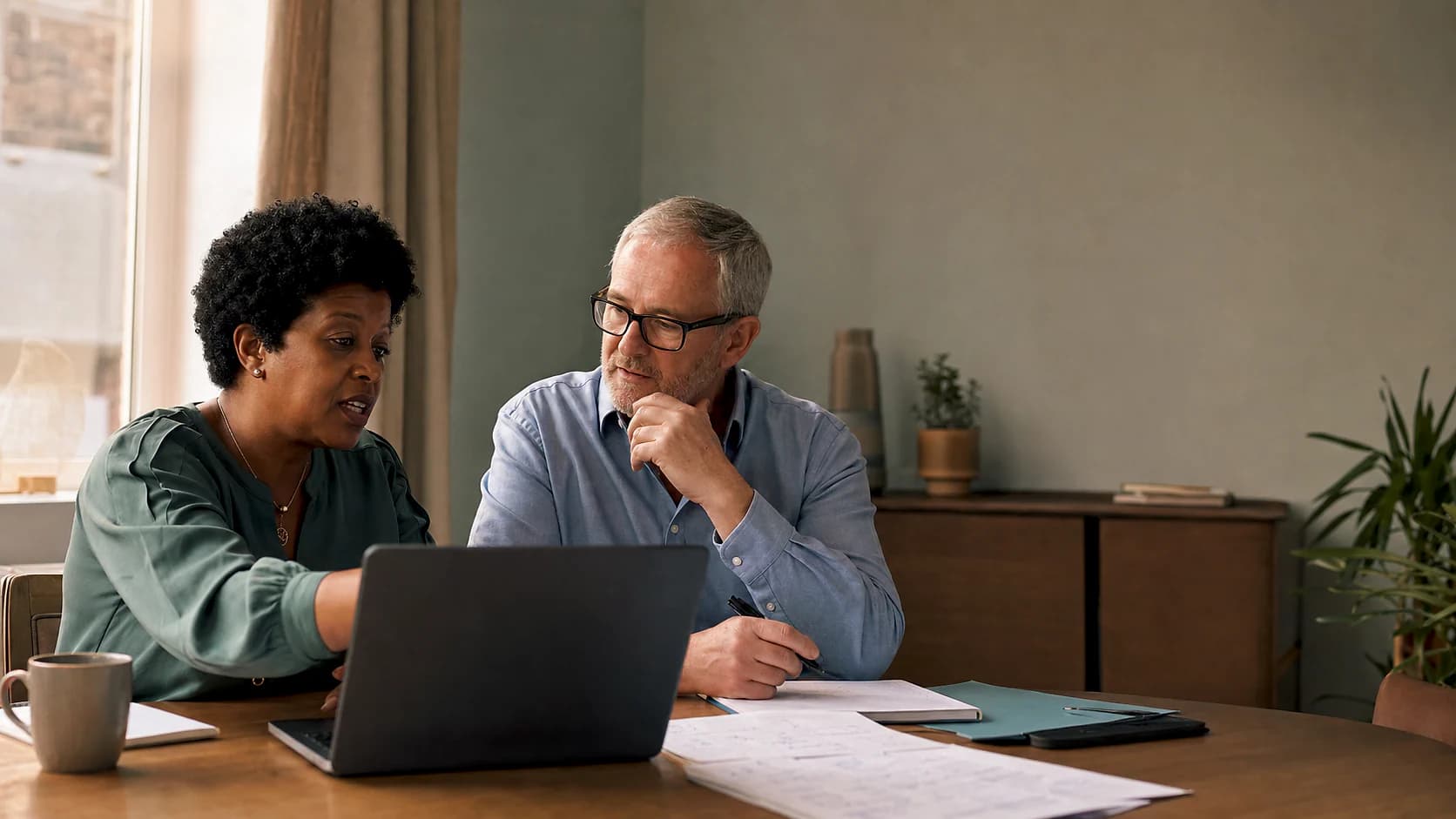 Two consultant pharmacists discussing a software decision together