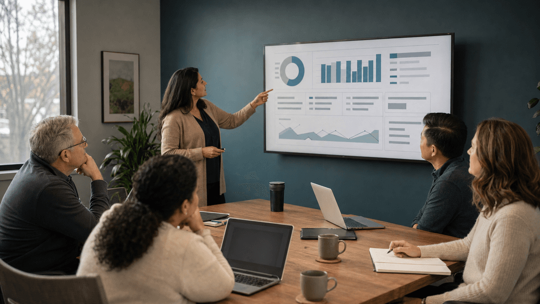 Pharmacy team reviewing a shared dashboard in a meeting