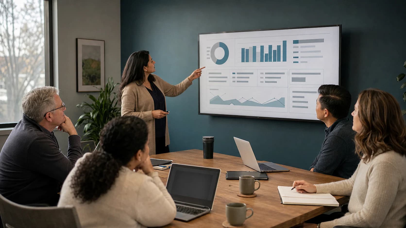 Team reviewing charts on a shared screen during a meeting
