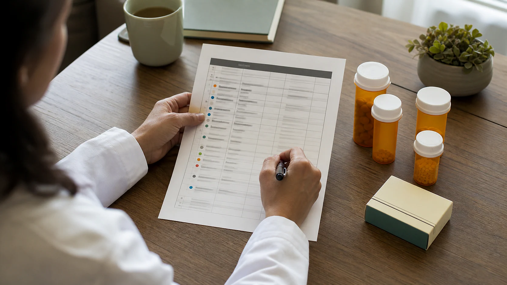 A person checking a printed medication list beside medicine bottles and a box