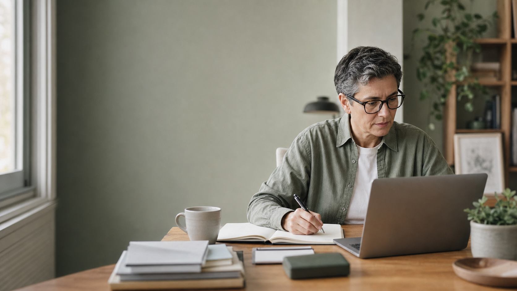 Independent consultant pharmacist reviewing documentation at a desk